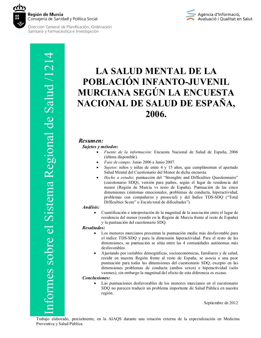 La salud mental de la población infanto-juvenil murciana según la Encuesta Nacional de Salud de España, 2006