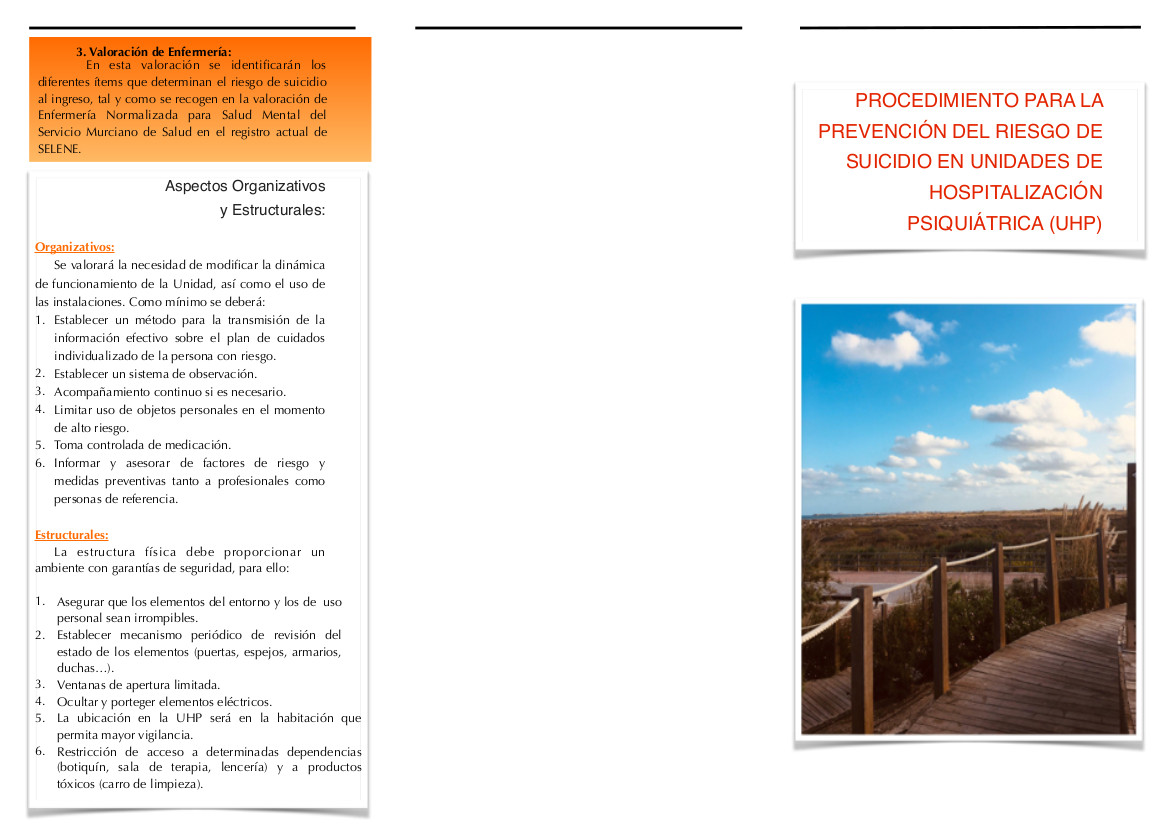 Tríptico del procedimiento para la prevención del riesgo de suicidio en unidades de hospitalización psiquiátrica. Región de Murcia (UHP)